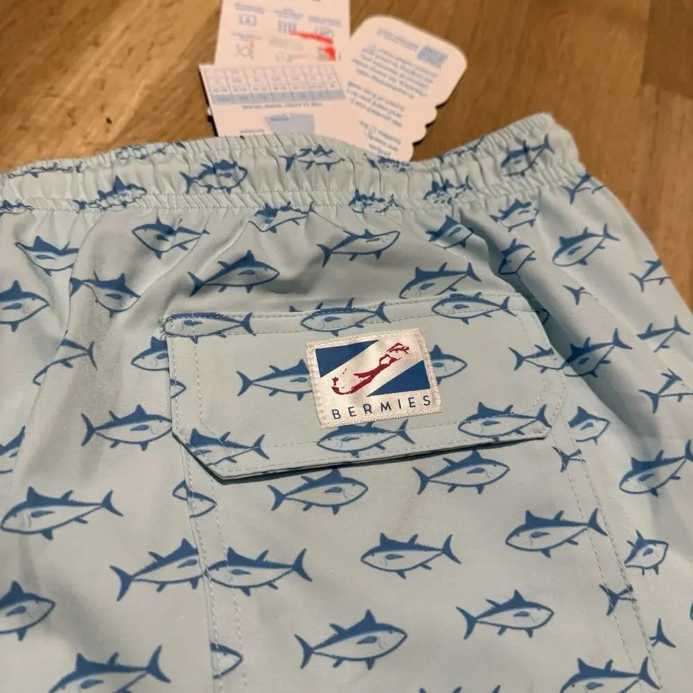 Bermies Swim Trunks XXL Blue Tuna Print Drawstring ~ NWT